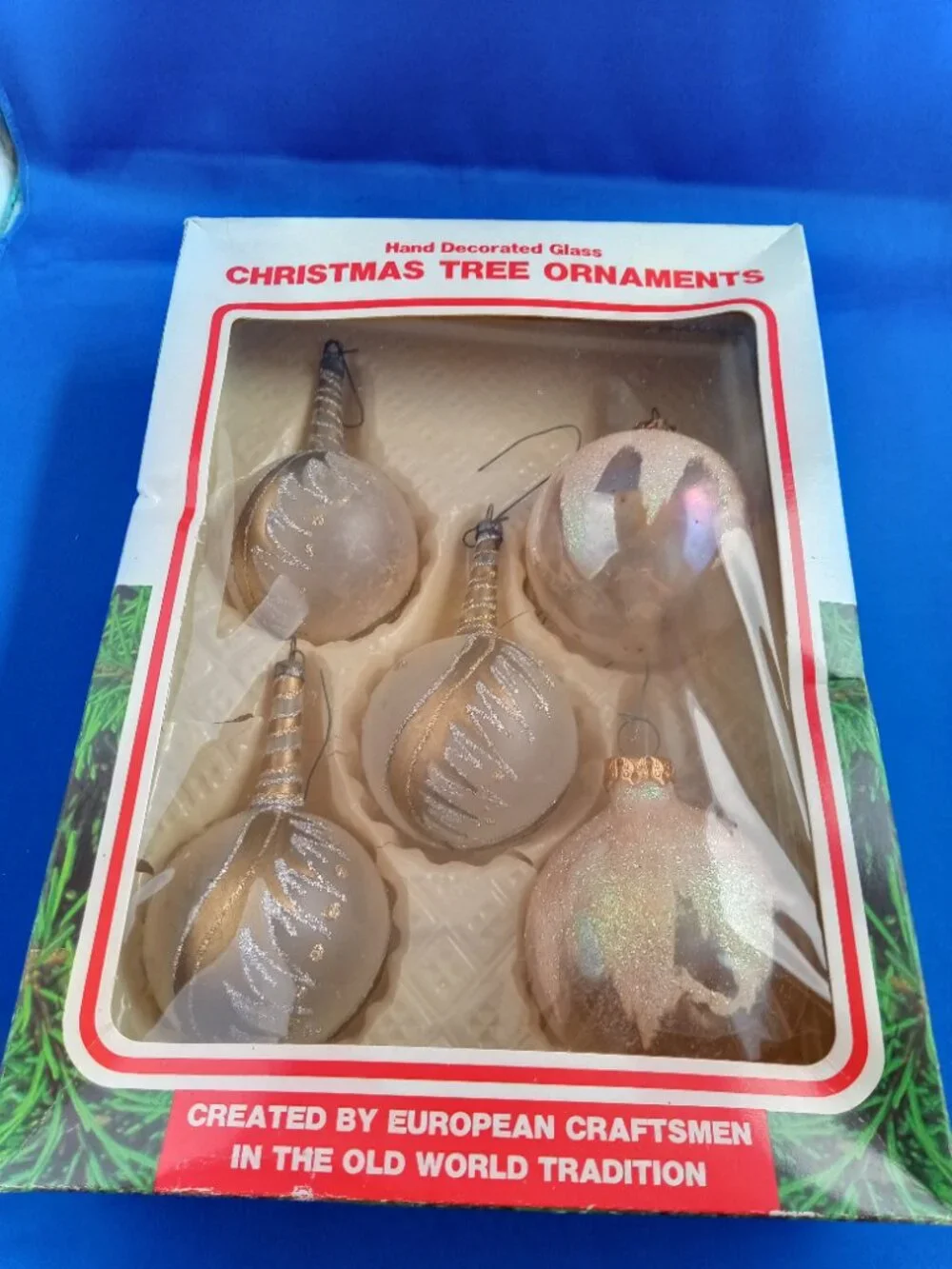 5 vintage glass with hand painted glitter Christmas  ornaments in box